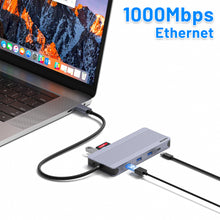 Load image into Gallery viewer, 12 in 1 USB-C Hub with M.2 NVMe/SATA SSD Enclosure, USB C Hub Adapter Fits PCIe 3.0 NVMe M.2 SSD, 2.5-inch SATA HDD with 4K/60Hz HDMI,5Gbps USB 3.0,5Gbps USB-C Port,RJ45,3.5mm Audio Jack,SD/Micro SD,100W PD Compatible with MacBook Pro,XPS,Windows
