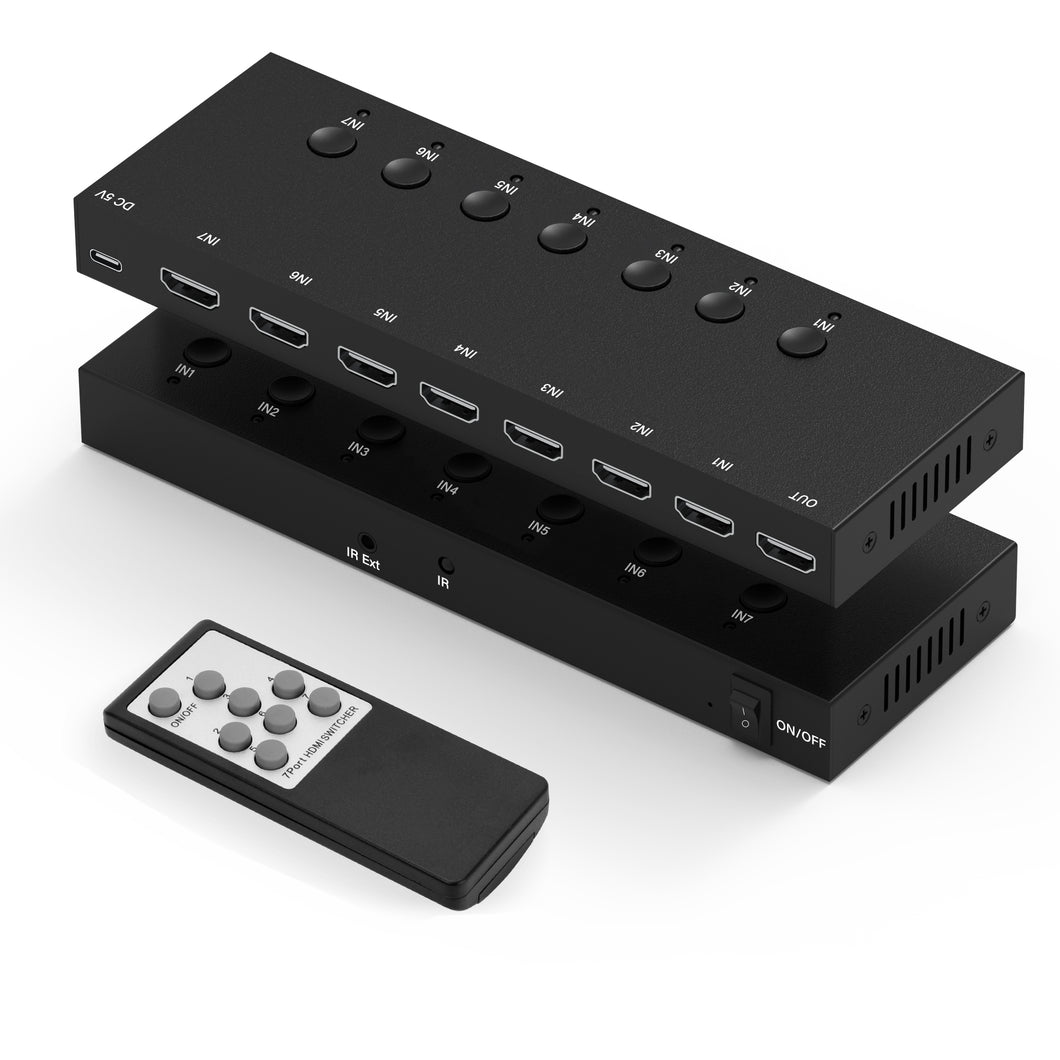4K@60Hz 7 in 1 out HDMI Switch, 7 Port HDMI Switcher Selector Support HDR10 & HDCP 2.2 & Full 3D with IR Remote Control and ON/OFF Switch for Nintendo Switch,Xbox PS5/PS4,Fire Stick,Roku,Apple TV