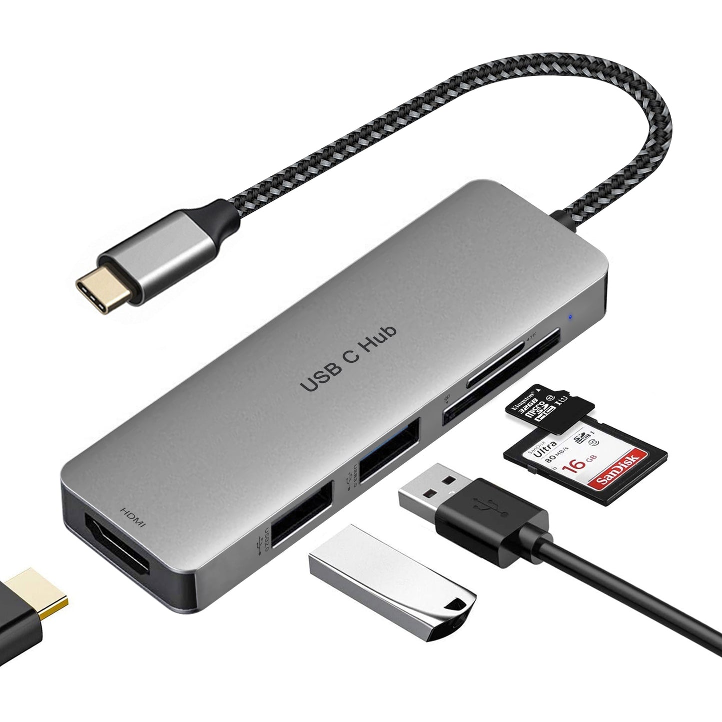 USB C Hub, 5-in-1 Type-C Hub Multi-Port USB C Adapter with 4K USB C to High Definition, USB 3.0 Ports, USB 2.0 Ports, SD and TF Card Readers Compatible with iPad Pro/MacBook/Type C Devices