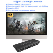 Load image into Gallery viewer, 4 Port KVM Switch, 4 in 1 Out KVM Switcher Keyboard Video Mouse Peripherals 4 Computers Selector with USB Hub, 2 High Definition and 4 USB Cables for Xbox Nintendo PS5 PS4
